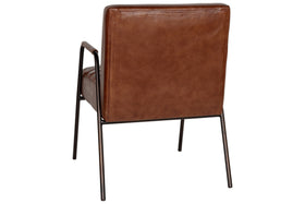The Hadithi Leather Occasional Chair by nkuku in chocolate brown features a ribbed design, high backrest, and slim black metal legs and armrests, shown from the back.