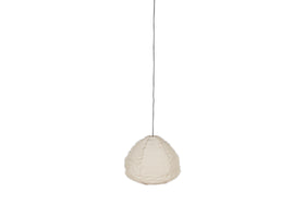 The Hirana Cotton Lampshade - Natural - Large by nkuku is a beige, oval-shaped paper lantern pendant light with a cotton shade, hanging from a thin black cord against a plain white background.