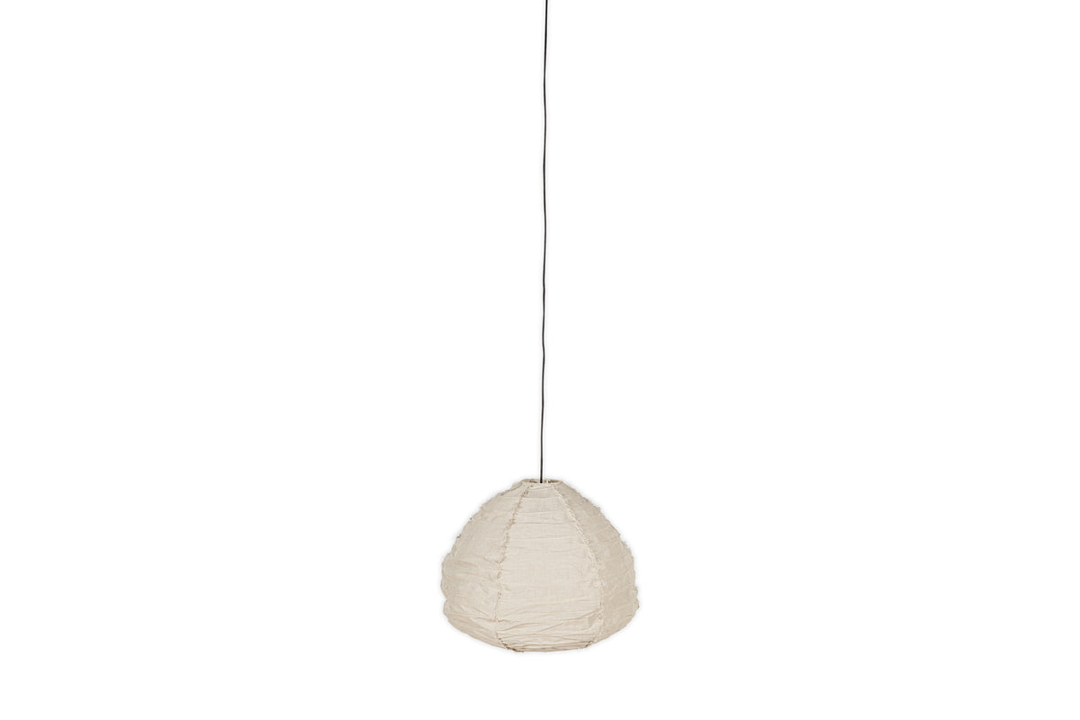 The Hirana Cotton Lampshade - Natural - Large by nkuku is a beige, oval-shaped paper lantern pendant light with a cotton shade, hanging from a thin black cord against a plain white background.