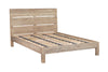 The Iya Reclaimed Wood Bed by nkuku features a slatted headboard, sturdy legs, and horizontal wooden slats for mattress support. Its natural finish and minimalist design make it perfect for bringing warmth to your bedroom.