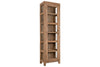 The nkuku Ibo Reclaimed Wood & Glass Cabinet - Natural - Tall features a slim design with a glass-paneled door, five shelves, antique brass handles, and a weathered finish for rustic charm.