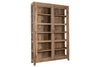 The Ibo Reclaimed Wood & Glass Cabinet - Natural - Wide by nkuku features shelves with glass panels and antique brass handles, adding charming style to your space.