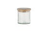 The nkuku Igoko Storage Jar - Clear features a textured glass body and a round, flat mango wood lid, making it a stylish kitchen organizer. Shown on a white background.
