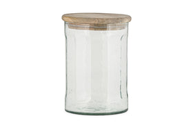 The nkuku Igoko Storage Jar - Clear features a textured glass body and a round mango wood lid, making it a stylish kitchen organizer. Shown against a plain white background.