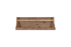 The nkuku Ibo Reclaimed Wood Storage Shelf - Natural features a rustic, rectangular design with raised sides and divided compartments, crafted from weathered wood and shown against a plain white background.