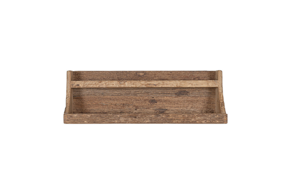The nkuku Ibo Reclaimed Wood Storage Shelf - Natural features a rustic, rectangular design with raised sides and divided compartments, crafted from weathered wood and shown against a plain white background.