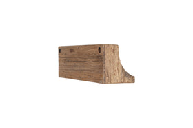 The nkuku Ibo Reclaimed Wood Storage Shelf - Natural is a rectangular, weathered wood bracket with two screw holes and a curved support—ideal for rustic shelving or kitchen storage, shown isolated on a white background.