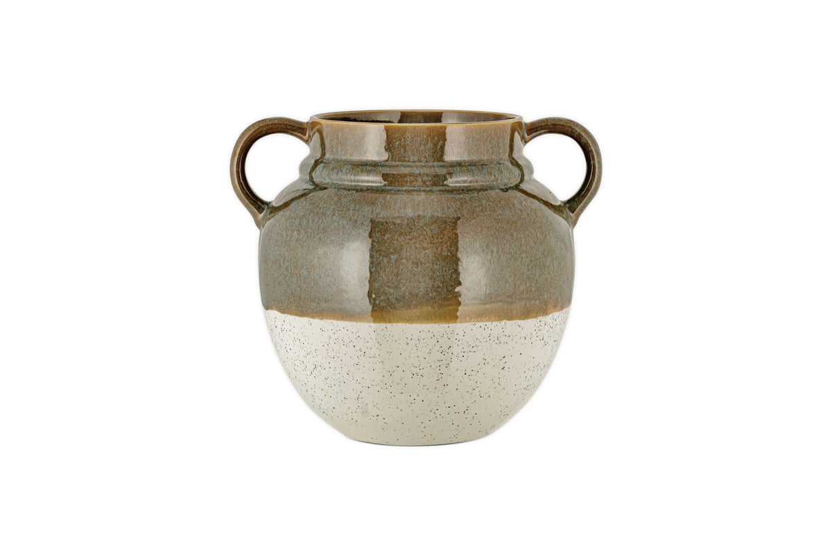 The nkuku Inha Reactive Glaze Vase features two looped handles, a rounded silhouette, glossy dark olive upper half, and matte speckled natural bottom—separated by a subtle gradient—evoking timeless Inha style.