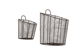 The nkuku Inkollu Wall Hung Baskets in aged brass (set of 2) feature an open grid design with angled openings and rounded top handles—ideal for pantry storage—shown against a plain white background.