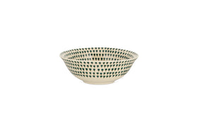 The nkuku Juniper Drop Dinnerware Set - Cream & Juniper (Set of 12) showcases cream ceramic pieces adorned with evenly spaced juniper green drop designs, displayed elegantly on a white background.