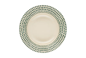 The nkuku Juniper Drop Pasta Bowl in cream and juniper features a modern ceramic design with green teardrop motifs around the rim on a white background, perfect for contemporary table settings.