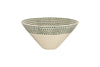 The nkuku Juniper Drop Serving Bowl - Cream & Juniper - Large features a conical ceramic design with cream glaze and juniper green teardrop patterns, making it a stylish centerpiece for your table.