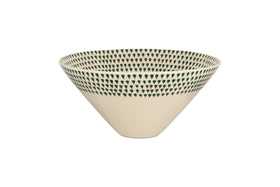 The nkuku Juniper Drop Serving Bowl - Cream & Juniper - Large features a conical ceramic design with cream glaze and juniper green teardrop patterns, making it a stylish centerpiece for your table.