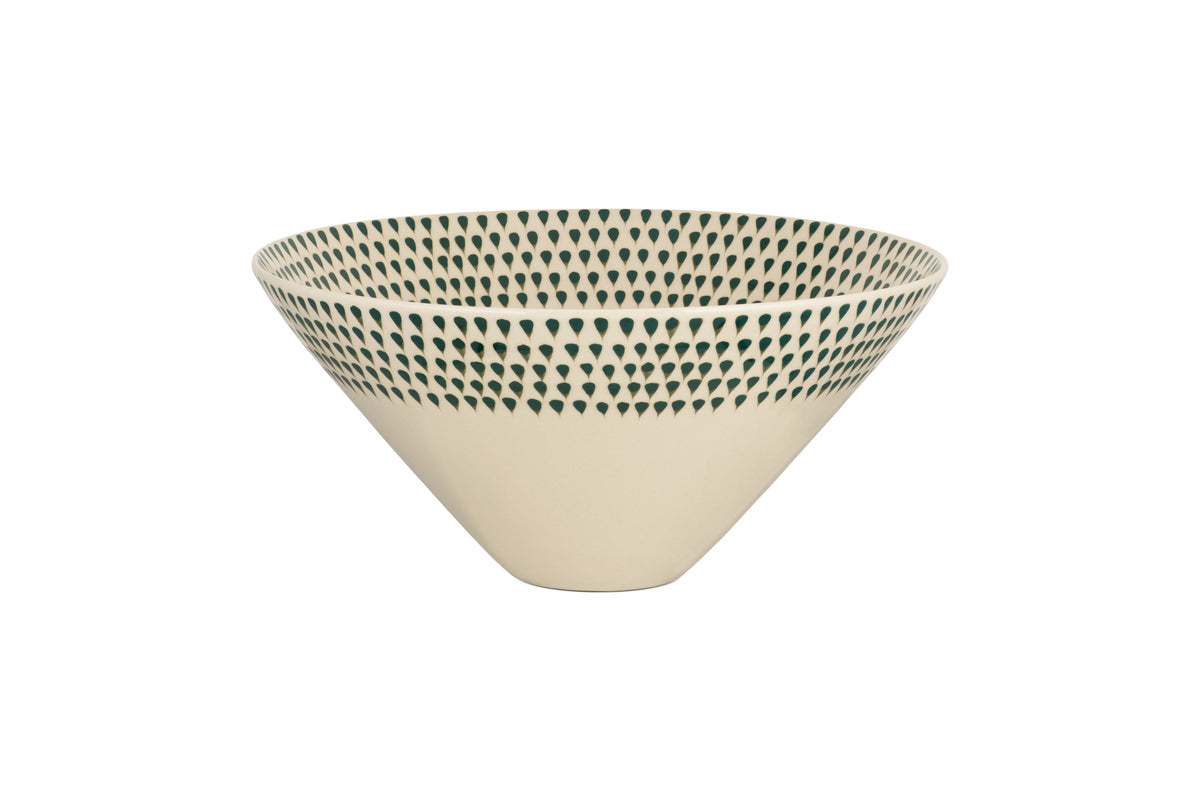 The nkuku Juniper Drop Serving Bowl - Cream & Juniper - Large features a conical ceramic design with cream glaze and juniper green teardrop patterns, making it a stylish centerpiece for your table.