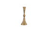 The Javanee Candle Holder by nkuku is a tall, slender piece in antique brass with sculptural elegance, featuring a wide flared base and narrow top, shown against a plain white background.