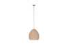 The nkuku Jahari Woven Jute Pendant in natural features a rounded jute lampshade, suspended by a thin cord and sleek metallic mount, making it ideal for adding rustic charm to your decor against a white background.