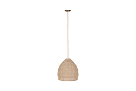 The nkuku Jahari Woven Jute Pendant in natural features a rounded jute lampshade, suspended by a thin cord and sleek metallic mount, making it ideal for adding rustic charm to your decor against a white background.