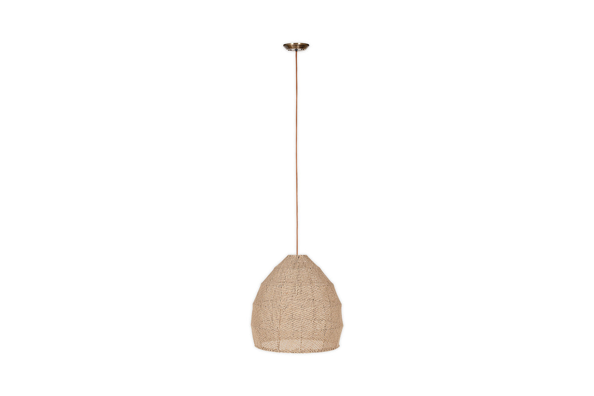 The nkuku Jahari Woven Jute Pendant in natural features a rounded jute lampshade, suspended by a thin cord and sleek metallic mount, making it ideal for adding rustic charm to your decor against a white background.