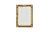 The back of the nkuku Jahala Wall Hung Photo Frame in Antique Brass is shown, featuring a thick rectangular frame with visible metal corner brackets, screws, and an empty white backing.
