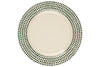The nkuku Juniper Drop Dinnerware Set - Cream & Juniper (Set of 12) features round ceramic plates with a cream center, white background, and a stylish juniper green drop border—perfect for elevating your table setting.
