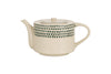 The nkuku Juniper Drop 4 Person Teapot in Cream & Juniper features a curved spout and handle, hand-painted green teardrop details, and a matching lid—a delightful gift for tea lovers.