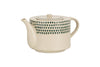 The nkuku Juniper Drop 4 Person Teapot in Cream & Juniper features a hand-painted round body, curved spout and handle, with dark green teardrop patterns—an ideal gift for tea lovers.
