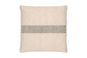 The nkuku Kallu Wool & Cotton Cushion Cover - Natural is a square beige cushion cover with textured fabric and a blue-grey horizontal center stripe, shown on a white background.