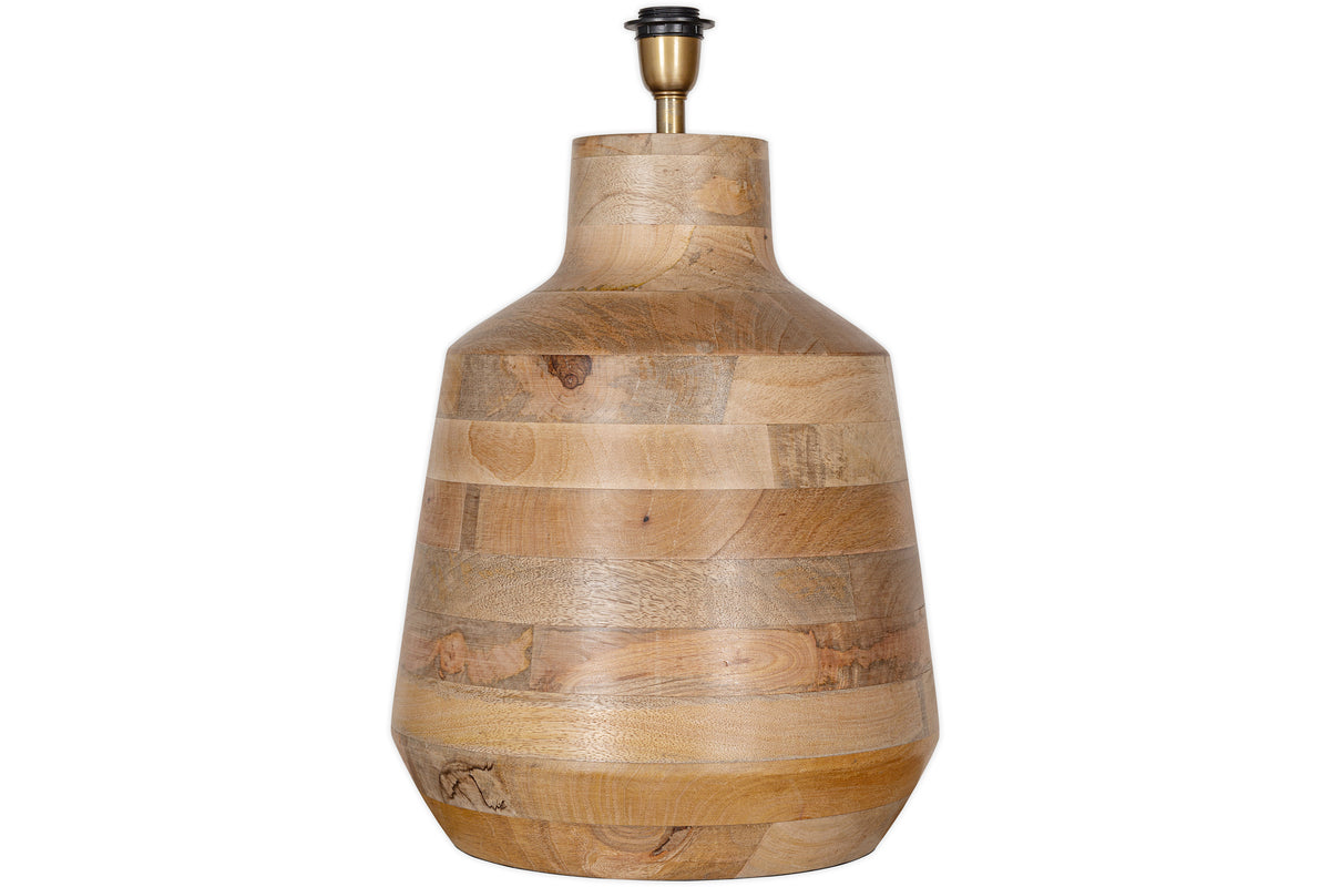 The nkuku Kayo Statement Table Lamp Mango Wood - Natural features a smooth, rounded mango wood base with natural grain and a brass socket. Handcrafted in India, its perfect for unique statement lighting in any space. No lampshade included.