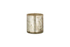 The Kunjari Tealight Holder by nkuku features a small, cylindrical metallic design with a rustic gold-speckled finish, perfect for tealights and adding vintage charm. Shown here against a plain white background.