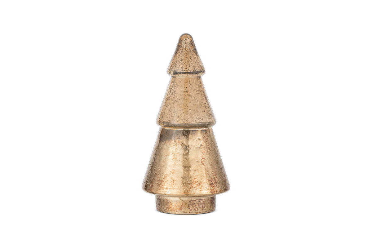 The Konara Glass Tree - Gold Crackle by nkuku is a metallic, gold-colored accent with three conical tiers and a cracked vintage finish, adding antique charm to your festive decor.