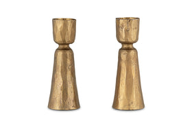 The nkuku Lokoja Candle Holder - Antique Brass (Set of 2) features gold-colored, textured holders with hammered detail—perfect for adding elegance to any table setting.