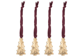 The nkuku Mishti Tree Baubles - Antique Brass - Small (Set of 4) feature gold-colored iron ornaments in tree shapes, each hanging from a burgundy ribbon with white snowflakes and finished in antique brass. Perfect for festive decorating.