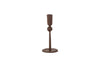 The nkuku Mawindi Candle Holder - Rust is a slender, dark brown iron candlestick with a round base and minimalist design, ideal for adding earthy style to your decor. Shown against a plain white background.