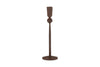 The Mawindi Candle Holder - Rust by nkuku is a tall, slender iron candlestick with a round base and minimalist design in dark brown, perfect for adding an earthy touch to your decor.