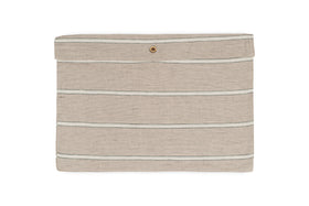 The Mora Hemp & Cotton Duvet Cover by nkuku, shown in stone grey, features horizontal black stripes and a flap closure with a single gold snap button, displayed against a white background.