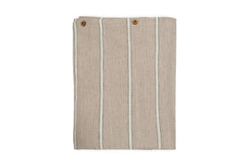 The nkuku Mora Hemp & Cotton Duvet Cover in stone grey is shown folded with vertical white stripes and two brown buttons near the top edge, displayed on a white background.