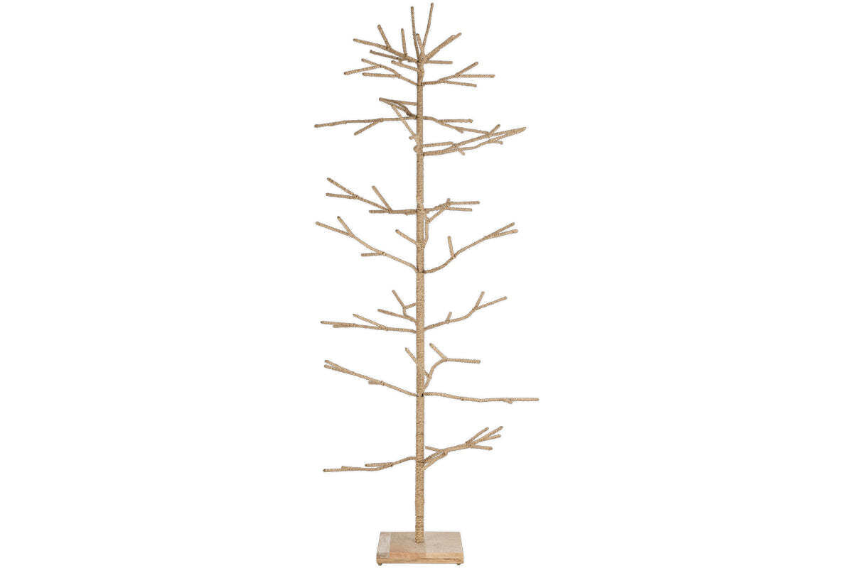 The nkuku Mala Base Jute Tree - Natural features minimalist woven jute branches, a central trunk, and stands upright on a square wooden base. Its simple design on a plain white background adds festive charm.