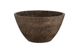 The nkuku Nyati Wooden Serving Bowl in large, dark brown features sustainable wood and a textured finish, beautifully showcased against a plain white background.