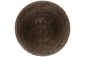 The nkuku Nyati Wooden Serving Bowl—Large, Dark Brown—features a round mango wood design with a textured, hand-carved interior and stylish woven pattern around the sides. Beautifully handcrafted from sustainable wood.