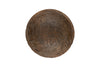 The nkuku Nyati Wooden Serving Bowl - Dark Brown - Small features a round, handcrafted mango wood design with a carved leaf pattern on the inner and outer edges, shown from above against a white background.