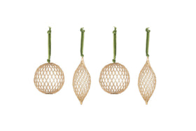 The Nirav Wire Baubles - Brass (Set of 4) by nkuku feature open lattice geometric shapes in a brass finish. Hanging from green velvet ribbons, the set includes two round, one elongated pointed, and one wide pointed bauble.