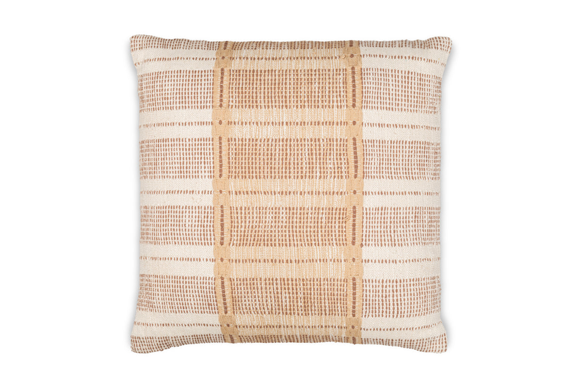 The Nayika Cotton Cushion Cover by nkuku features a woven texture in a rust plaid pattern on cream cotton, with vertical and horizontal lines forming a stylish grid effect.