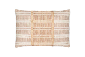 Bring comfort and style to any space with the Nayika Cotton Cushion Cover - Rust by nkuku, featuring a cosy woven texture and a beige and white plaid pattern of horizontal and vertical stripes on a white background.
