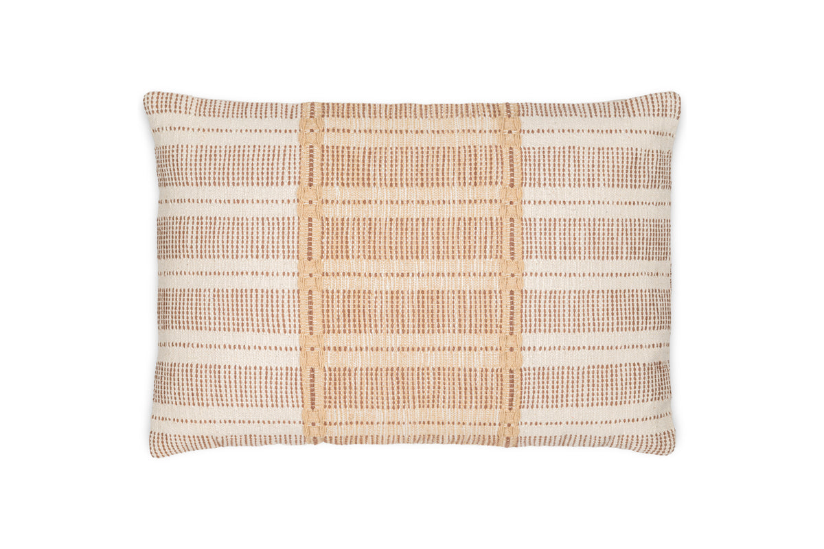 Bring comfort and style to any space with the Nayika Cotton Cushion Cover - Rust by nkuku, featuring a cosy woven texture and a beige and white plaid pattern of horizontal and vertical stripes on a white background.