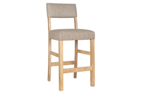 The nkuku Nadeeka Linen Upholstered Counter Chair features a soft grey linen seat and backrest, sturdy wooden frame with four straight legs and support bars, making it perfect for your kitchen island.
