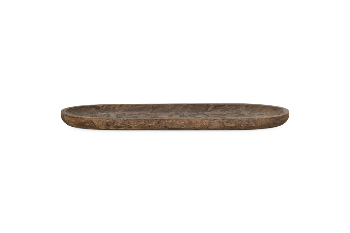 The nkuku Nyati Serving Platter in dark brown is a handcrafted, oval mango wood tray with a smooth, natural finish—an elegant, sustainable home decor piece shown on a white background.