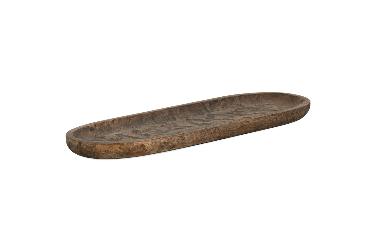 The nkuku Nyati Serving Platter - Dark Brown is a handcrafted, oval-shaped mango wood tray with a rustic finish, shown on a white background—ideal for sustainable home decor.