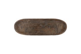 The nkuku Nyati Serving Platter - Dark Brown is an oval, handcrafted mango wood tray with a rustic finish—ideal for sustainable home decor, shown from above on a white background.