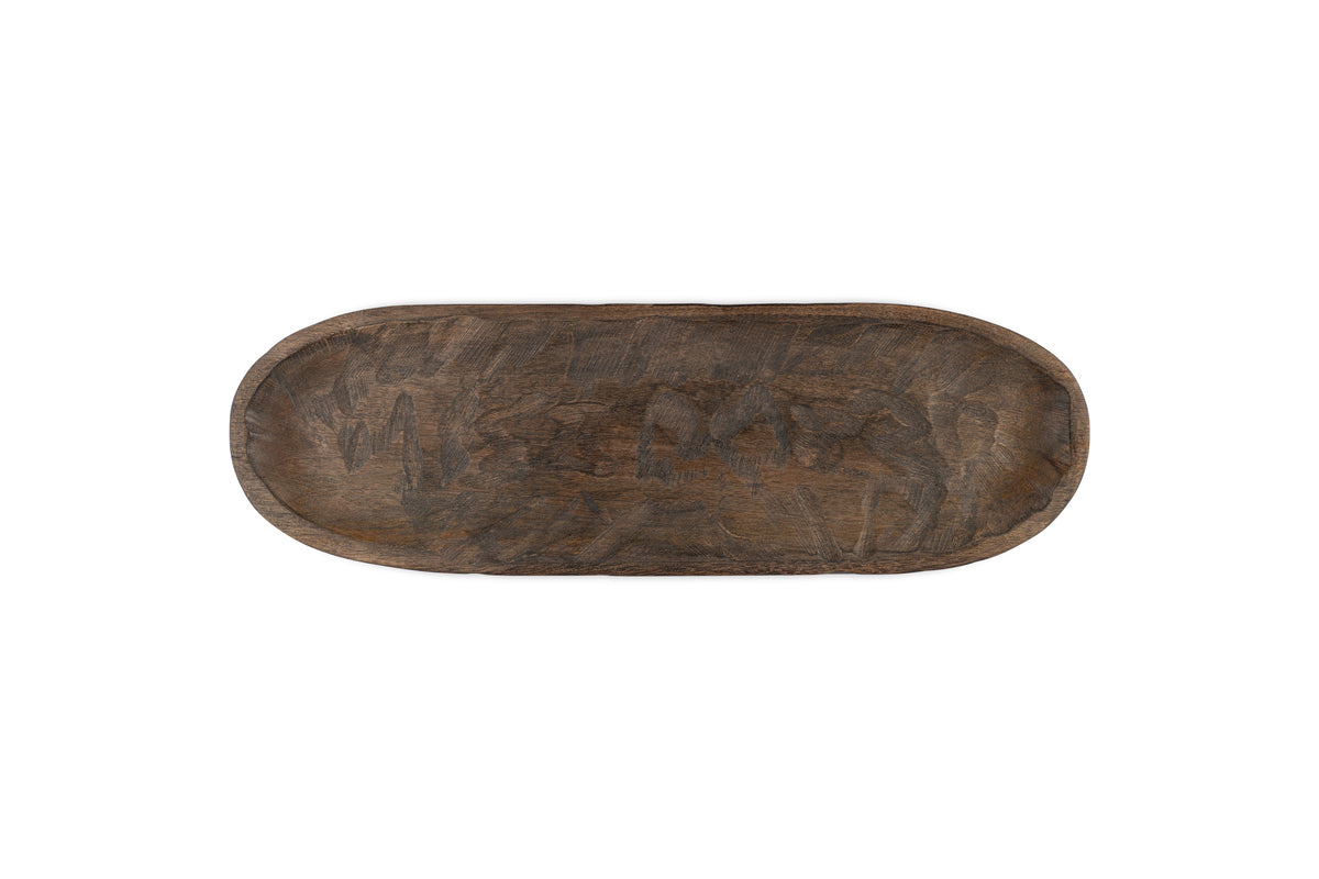 The nkuku Nyati Serving Platter - Dark Brown is an oval, handcrafted mango wood tray with a rustic finish—ideal for sustainable home decor, shown from above on a white background.
