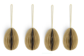 The nkuku Piani Hanging Paper Decoration set includes four identical moss green, oval-shaped ornaments with a honeycomb design and gold hanging loops, made from recycled paper.